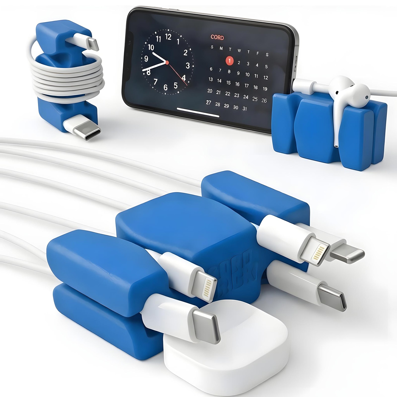 Blue CordBrick cable organizer on a white background