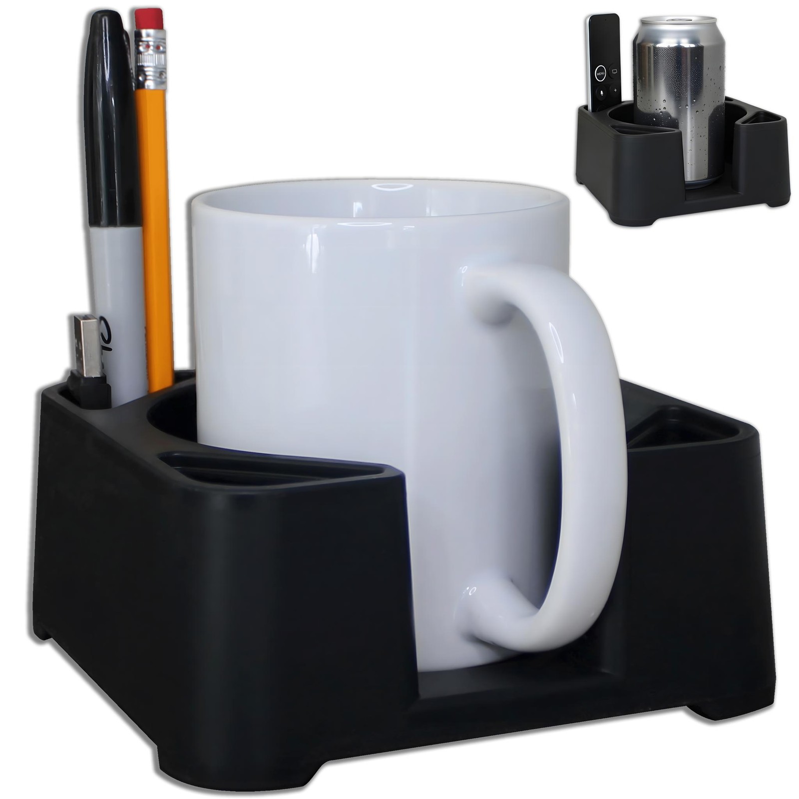 Black MugBrick holding a mug, pens, and a USB drive