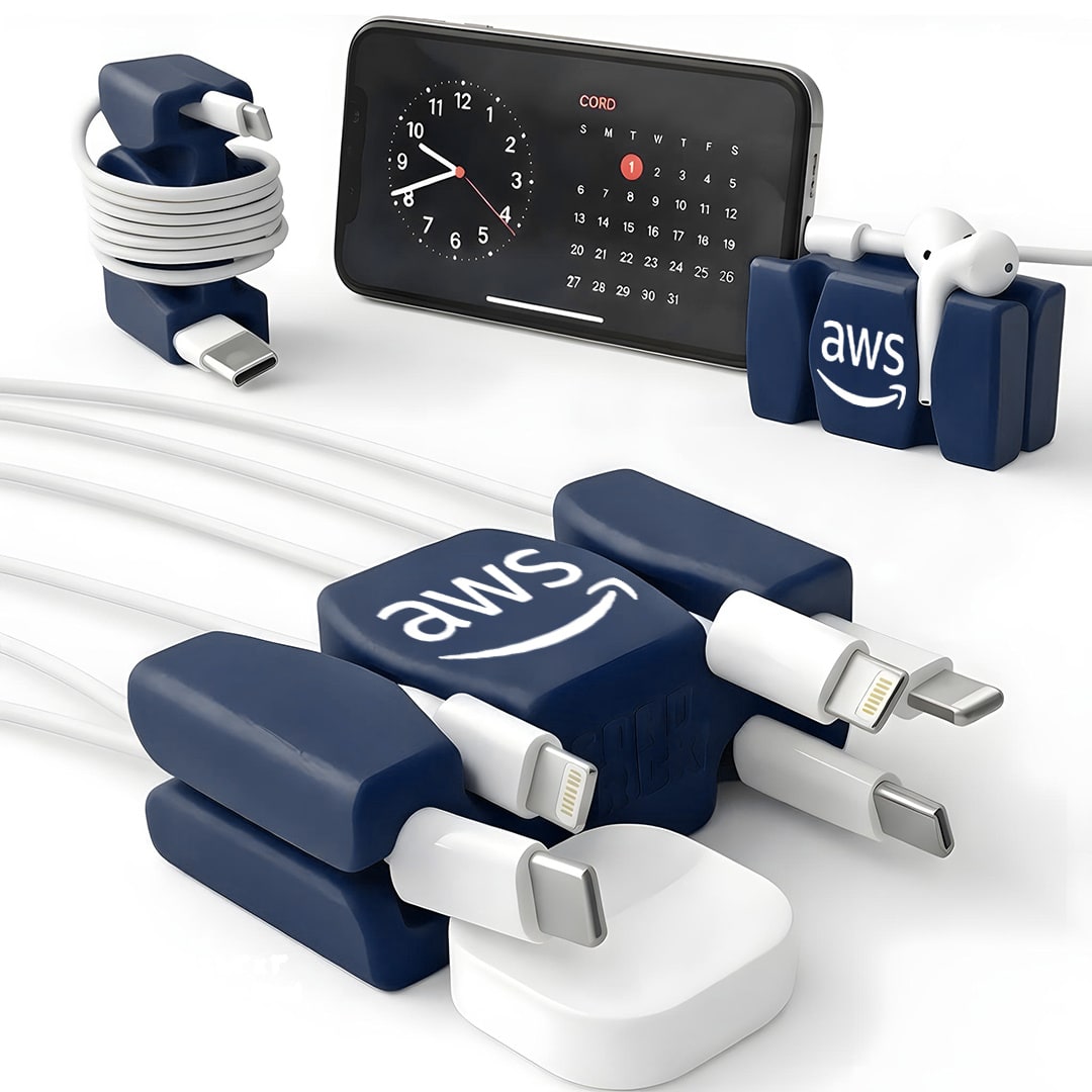 Navy CordBrick with an AWS logo holding charging cables, a phone, and earbuds