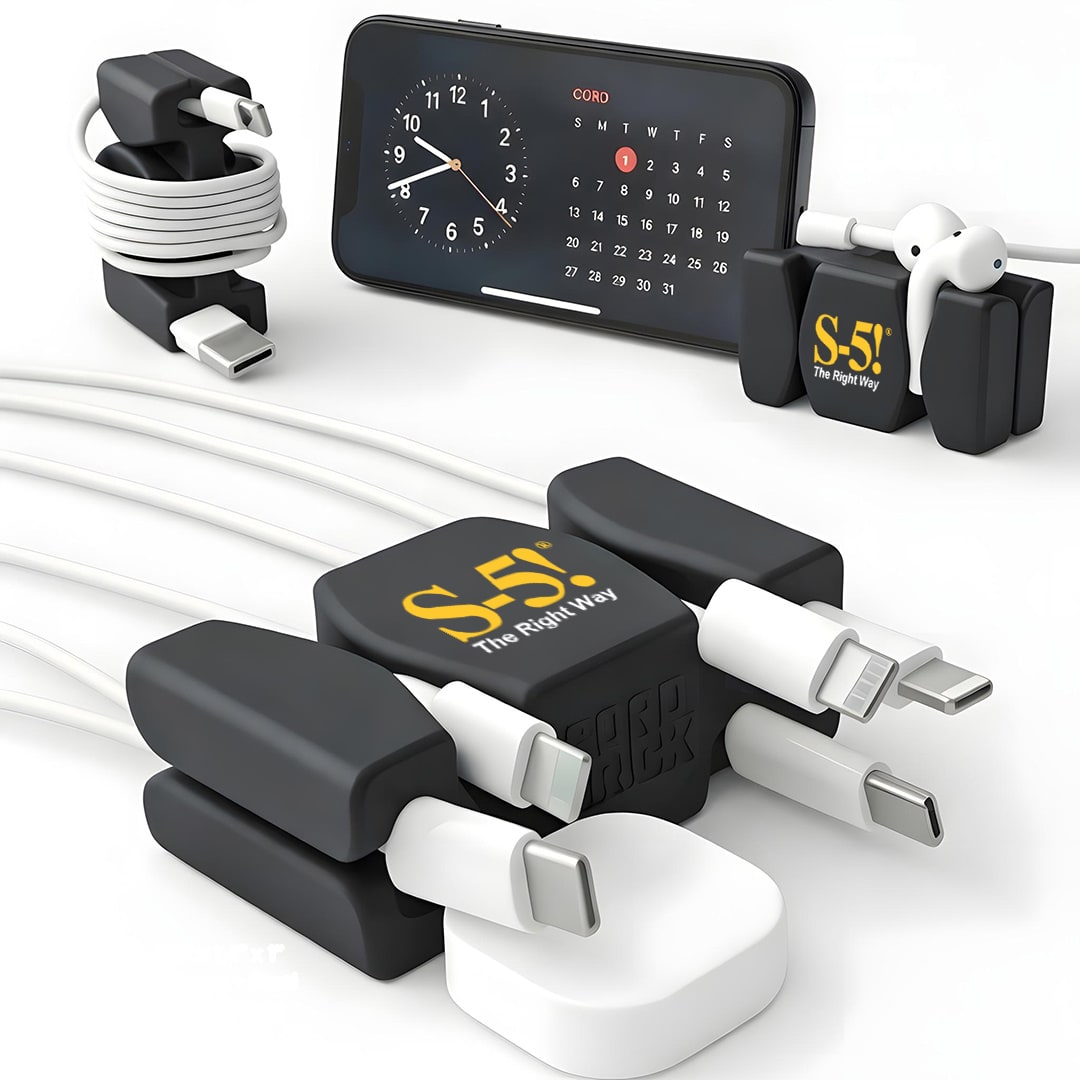 Black CordBrick with an S-5 logo holding charging cables, a phone, and earbuds