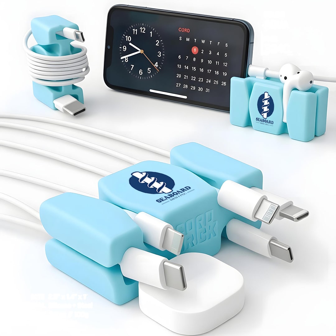 Aqua CordBrick with a Seaboard logo holding charging cables, a phone, and earbuds