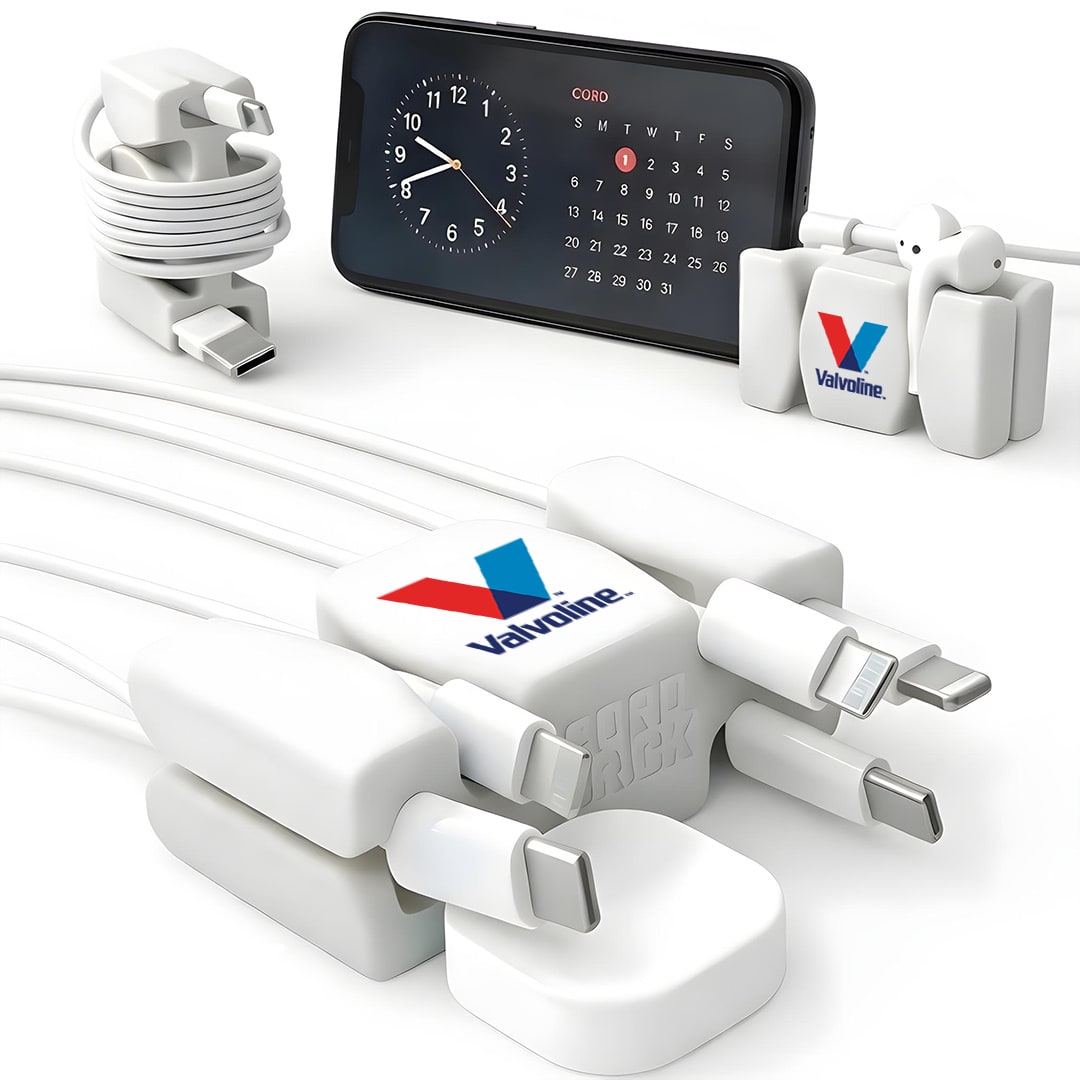 Light CordBrick with a Valvoline logo holding charging cables, a phone, and earbuds