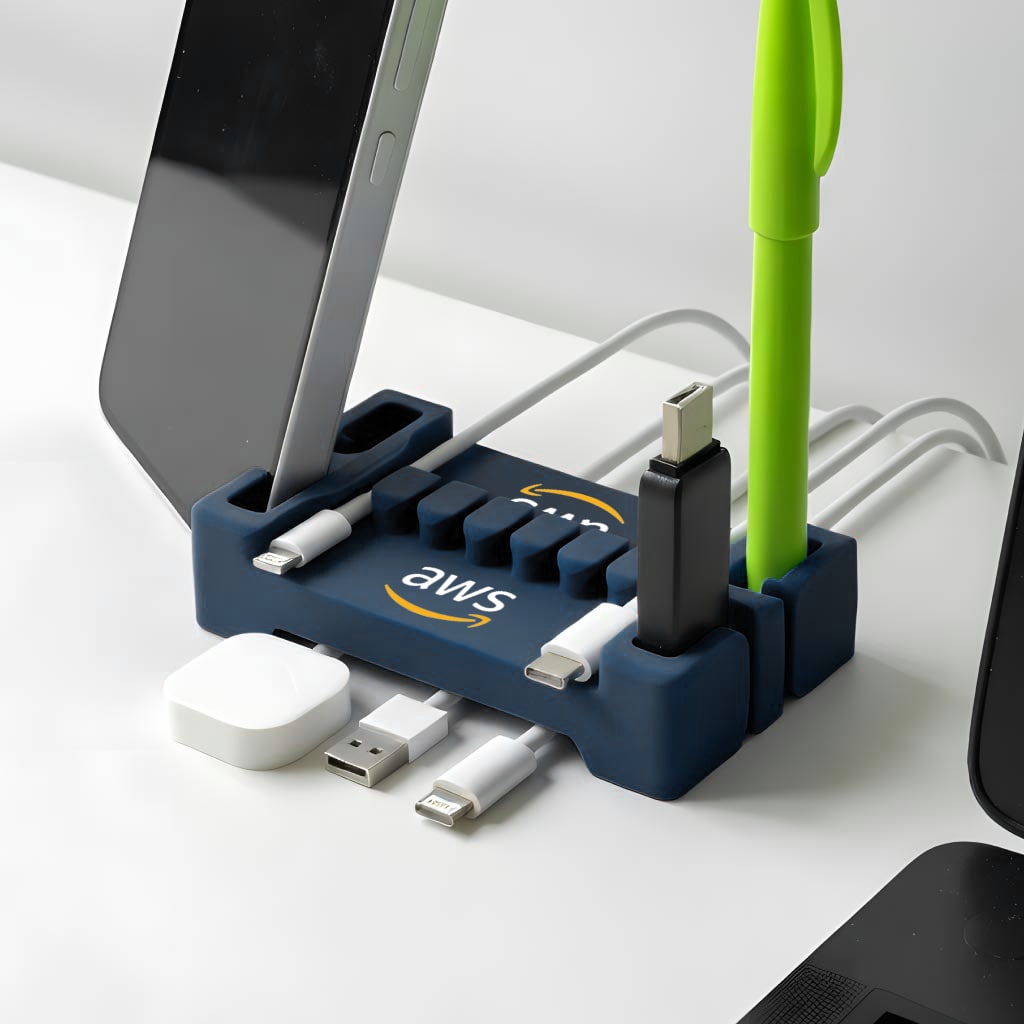 Navy DeskBrick with an AWS logo holding a phone, charging cables, a USB drive, and a pen