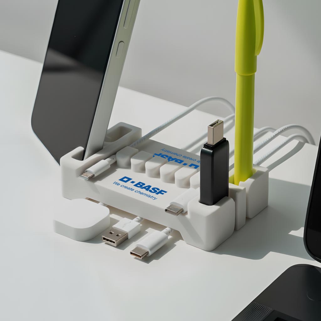 Light DeskBrick with a BASF logo holding a phone, charging cables, a USB drive, and a pen
