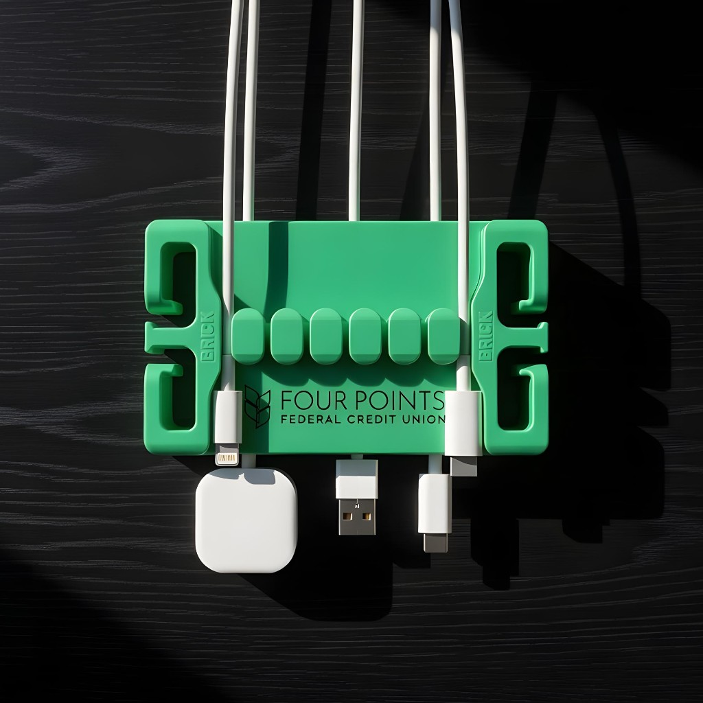 Aqua DeskBrick with a Four Points Federal Credit Union logo holding charging cables