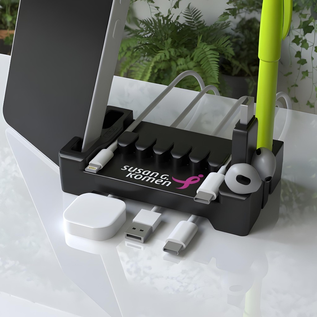 Black DeskBrick with a Susan G. Komen logo holding a tablet, charging cables, earbuds, a USB drive, and a pen