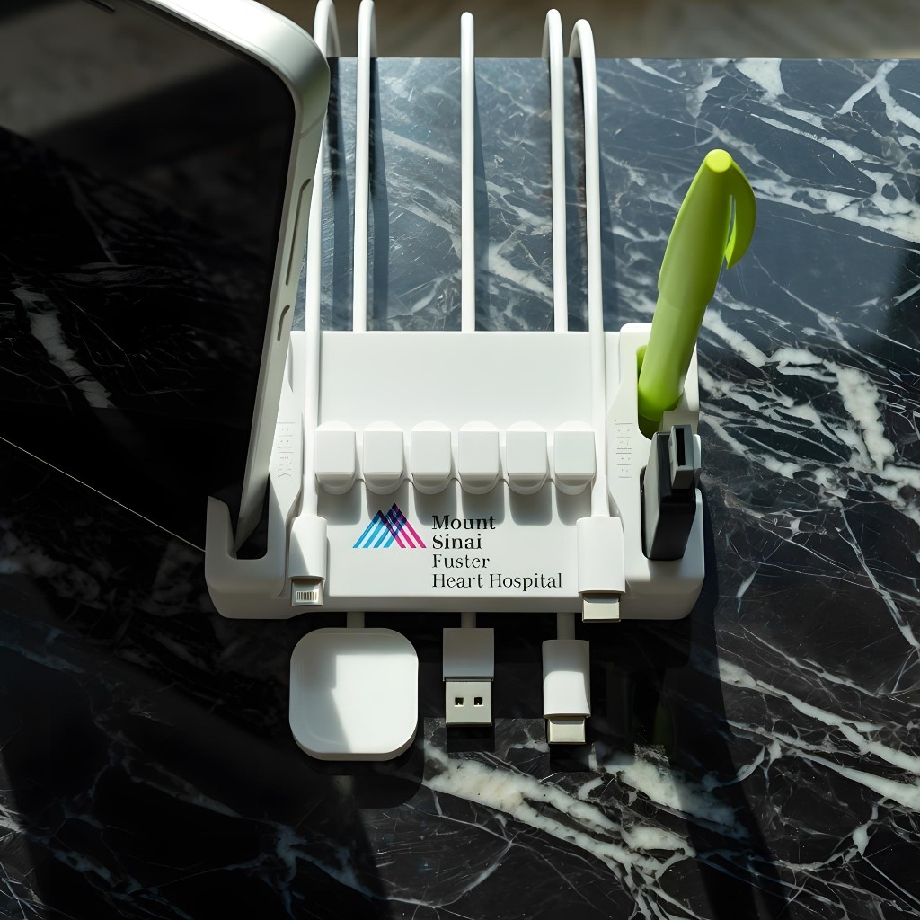Light DeskBrick with a Mount Sinai logo holding a phone, charging cables, a USB drive, and a pen