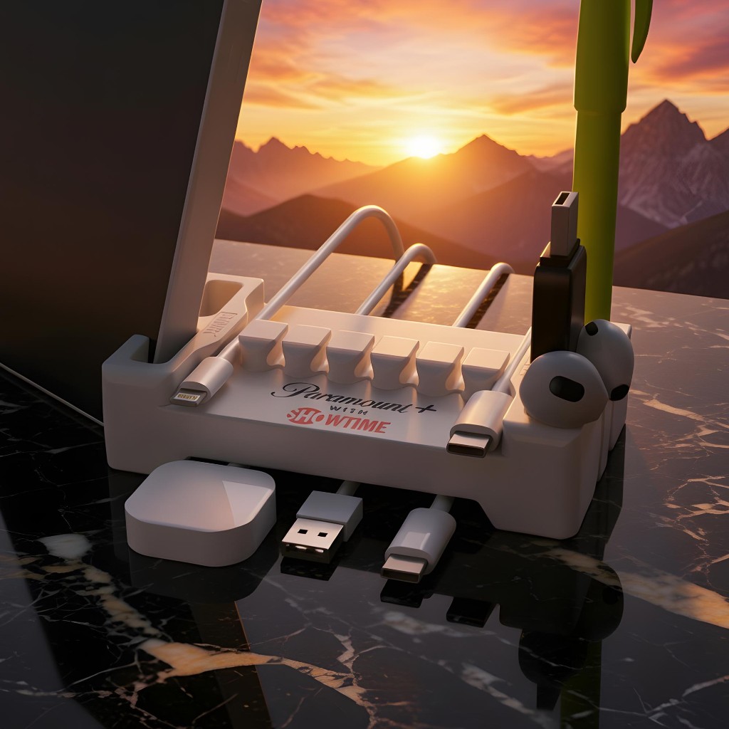 Light DeskBrick with a Paramount+ Showtime logo holding a tablet, charging cables, earbuds, a USB drive, and a pen