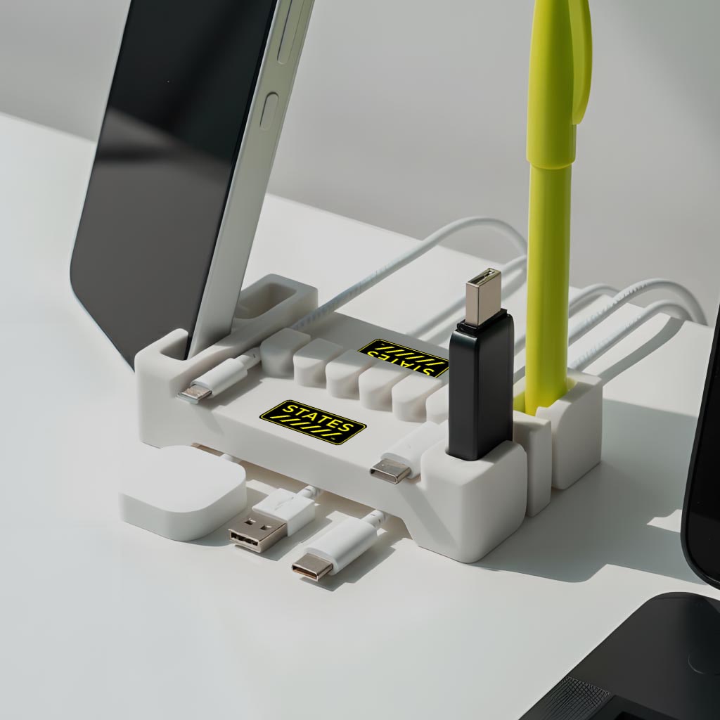 Light DeskBrick with a STATEES logo holding a phone, charging cables, a USB drive, and a pen