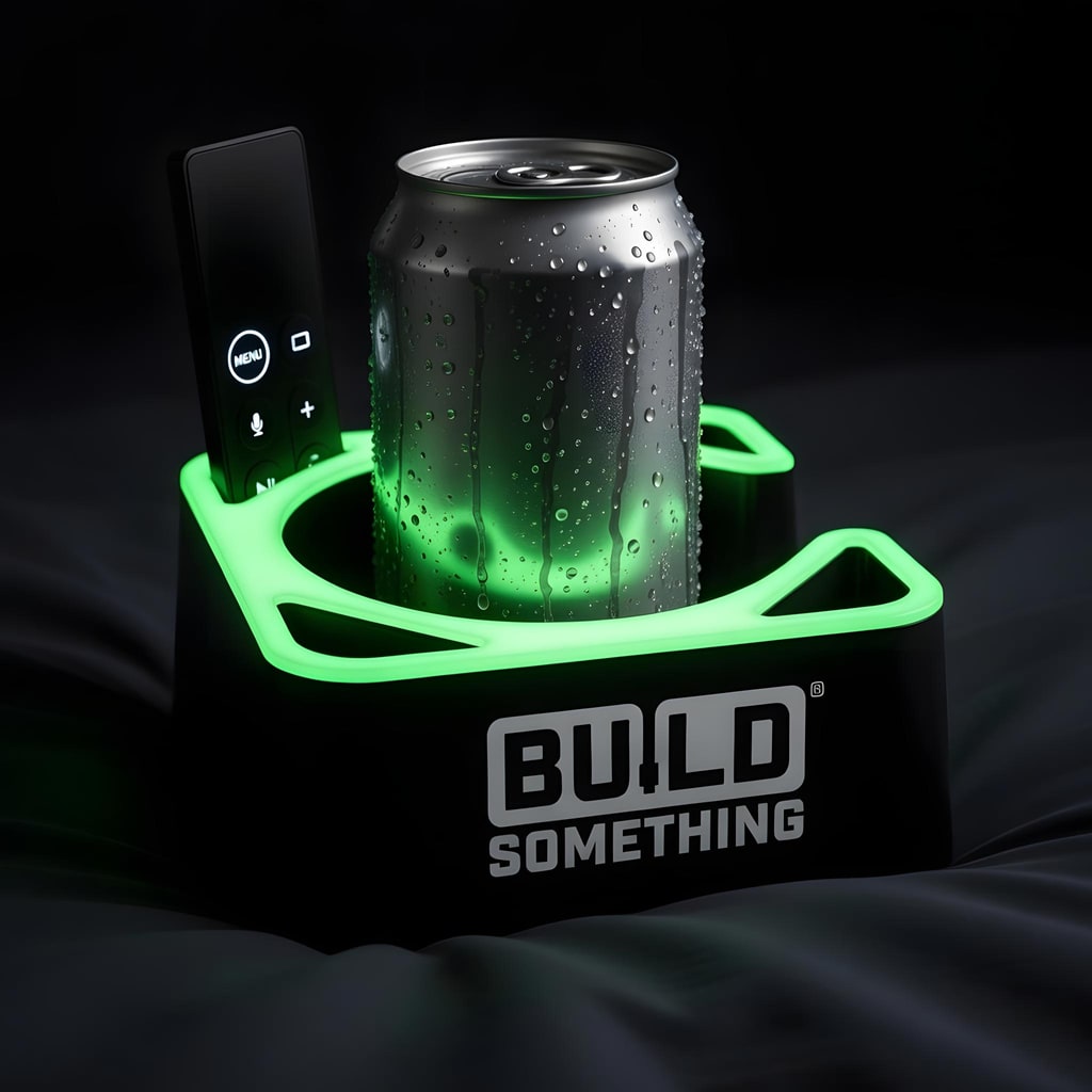 Black MugBrick Glow with a green glow ring and a BUILD SOMETHING logo holding a condensed soda can and a remote on a dark bed