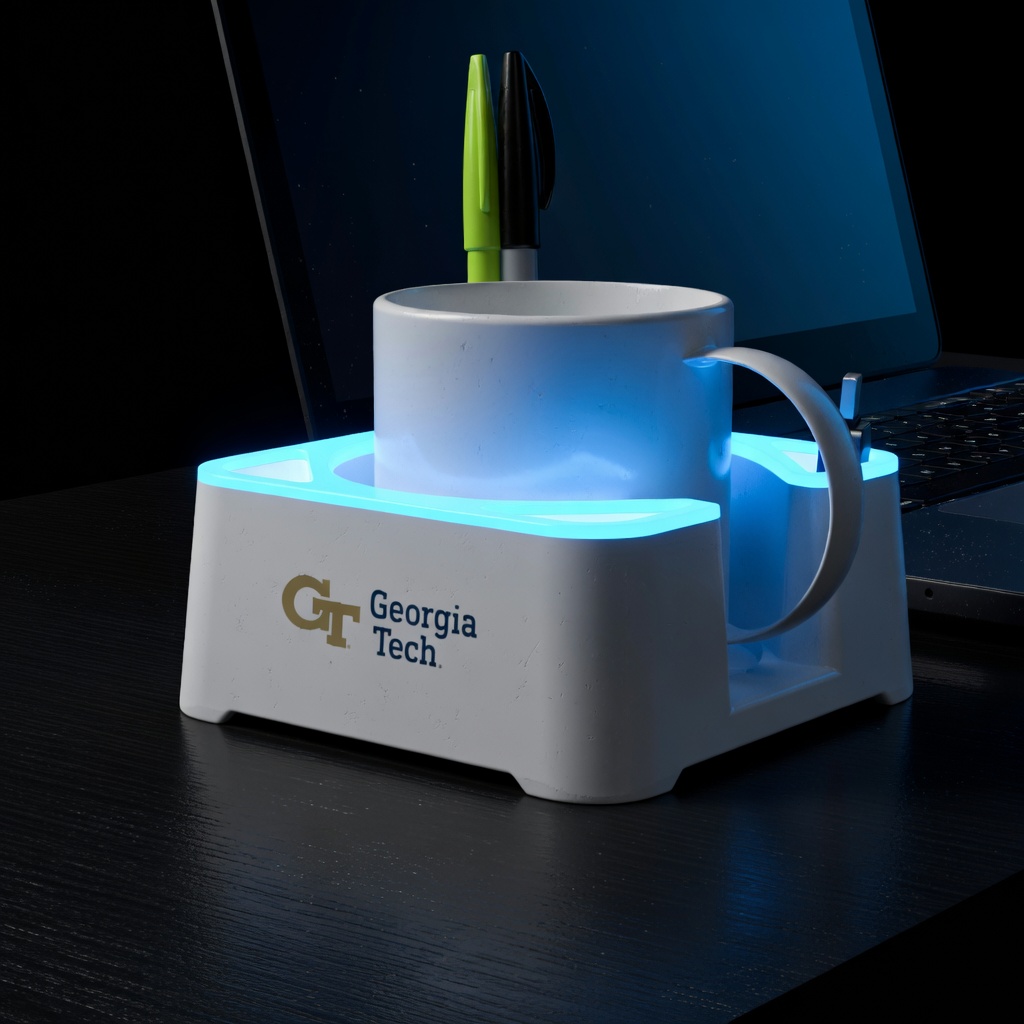 Light MugBrick Glow with a Georgia Tech logo holding a mug and pens