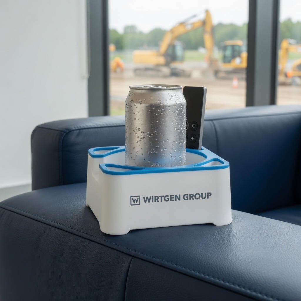 White MugBrick Glow with a blue glow ring and a Wirtgen Group logo holding a soda can and a TV remote on a navy leather sofa, with excavators outside the window