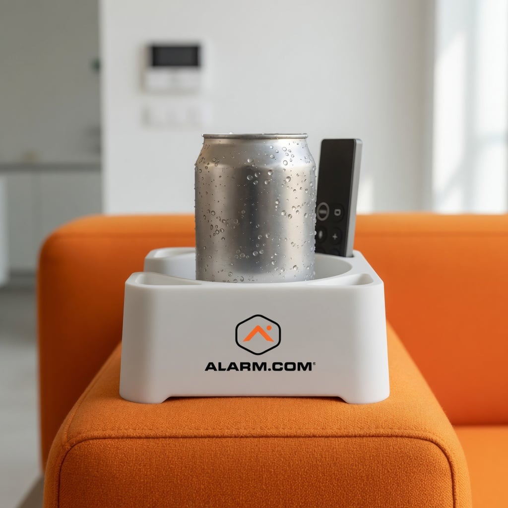 White MugBrick with an Alarm.com logo holding a soda can and a TV remote on a tangerine sofa arm in a bright smart home