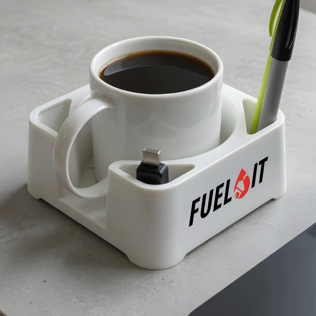 Light MugBrick with a Fuel It logo holding a coffee mug, a USB-C cable, and a pen